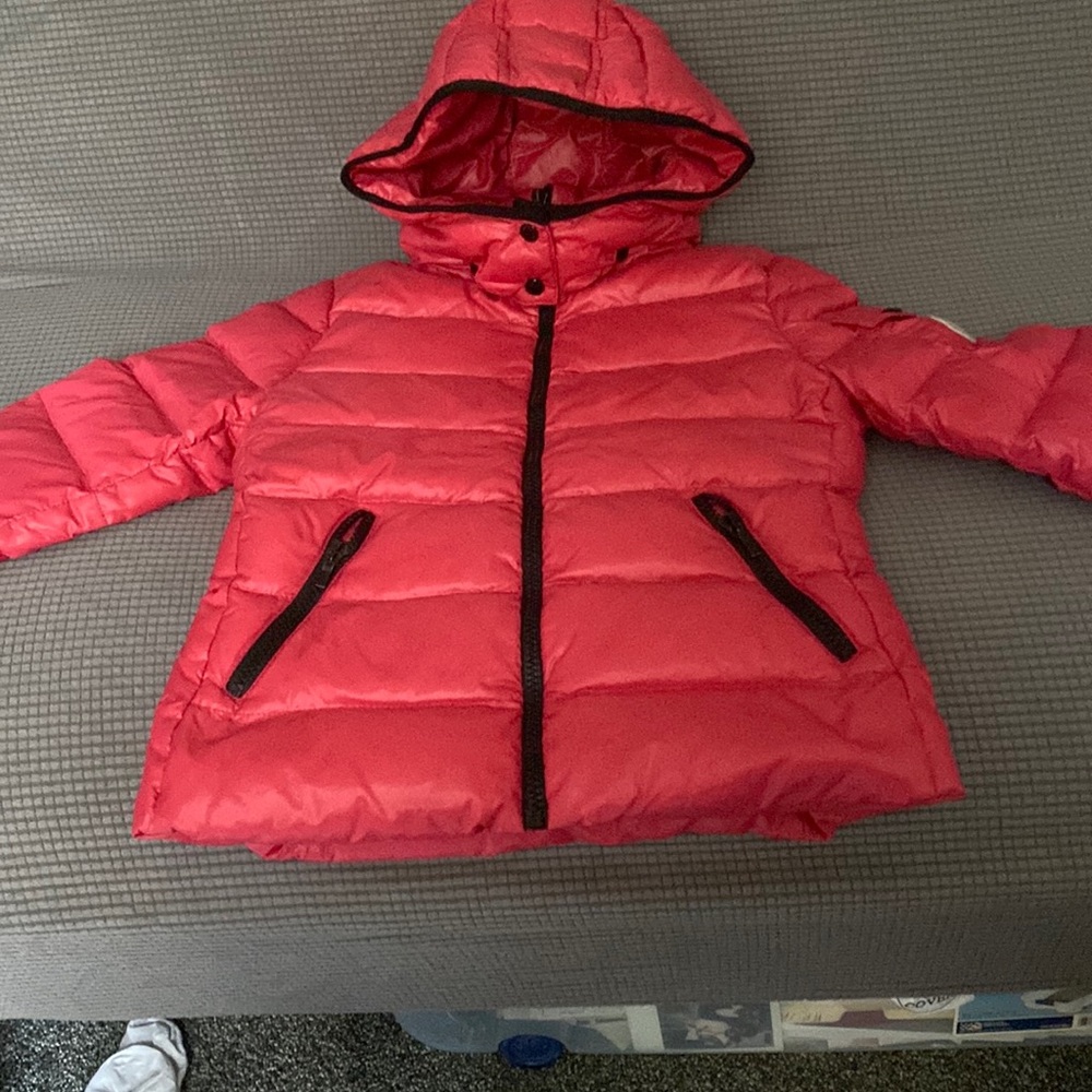 Girls size 8 Moncler coat dark pink and worn 3 times.
